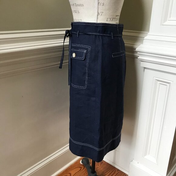 NWT JCrew Button Up Skirt Womens 8 T Tall Navy Blue Straight Stretch Linen NEW - Picture 11 of 15
